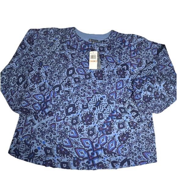 Democracy Women's Blue Multi Print Sweater Crew Long Sleeves Cozy Plus 2X NWT - Picture 1 of 5